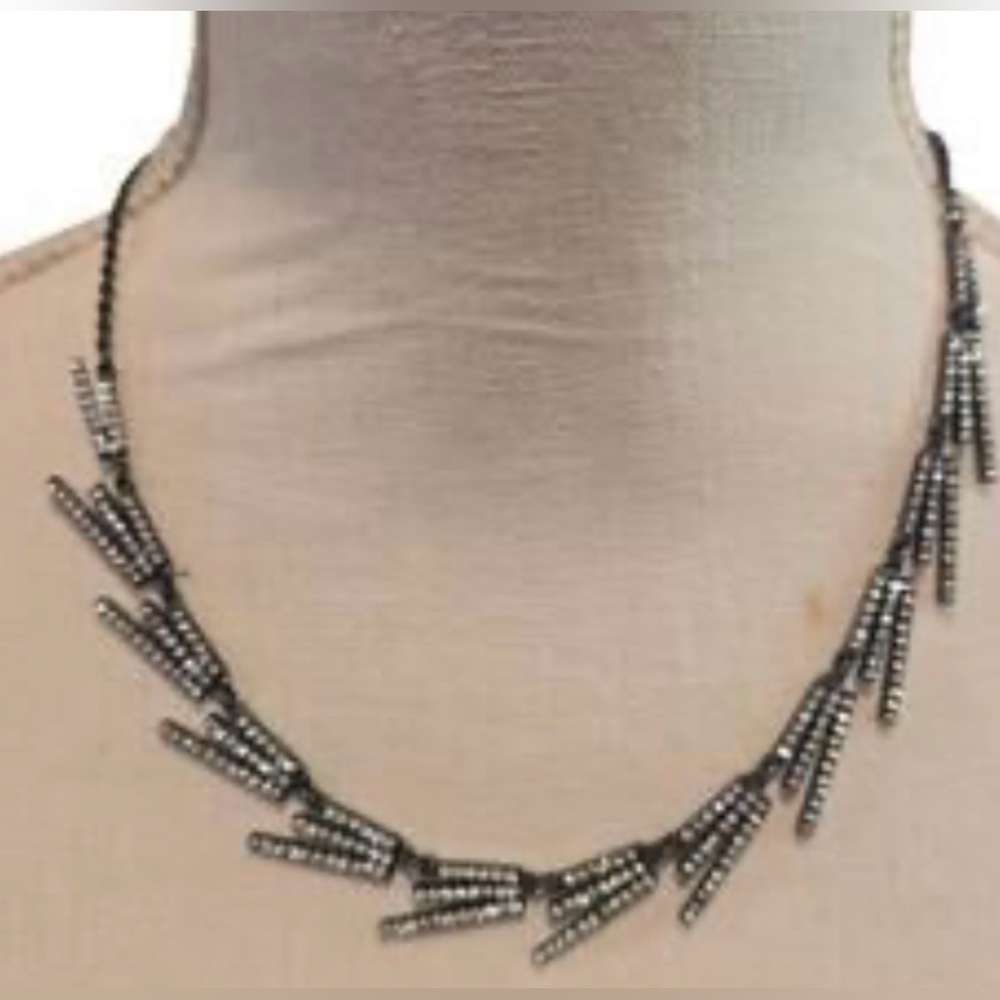 INC International Concepts Black & Silver Fringe Design bar stone Necklace. New
